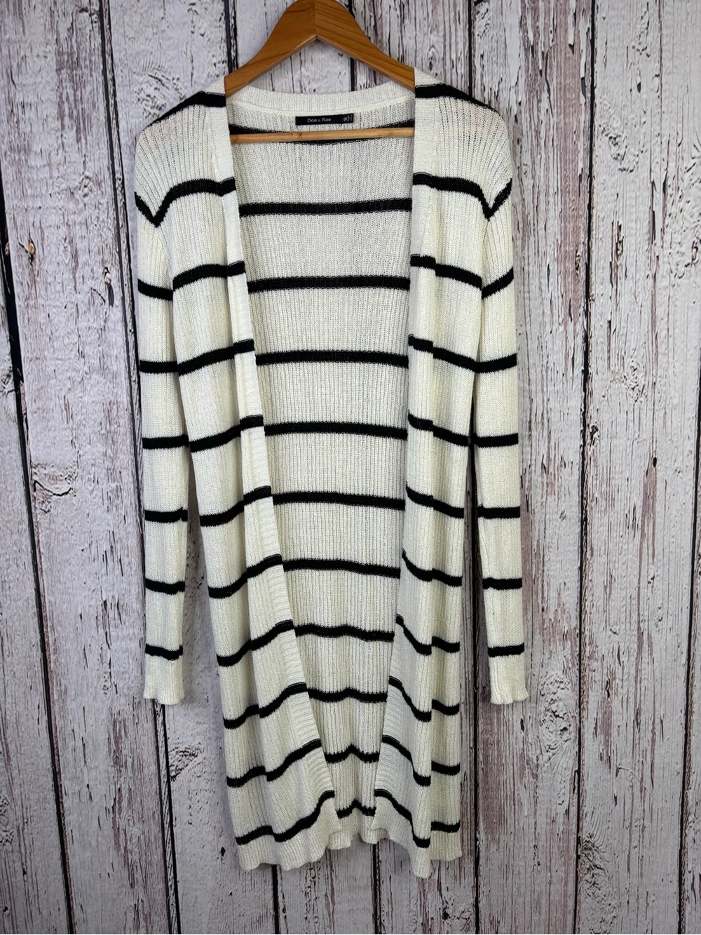 Doe & Rae Size Small Longline Cardigan Sweater Open Front Cream Black Stripes